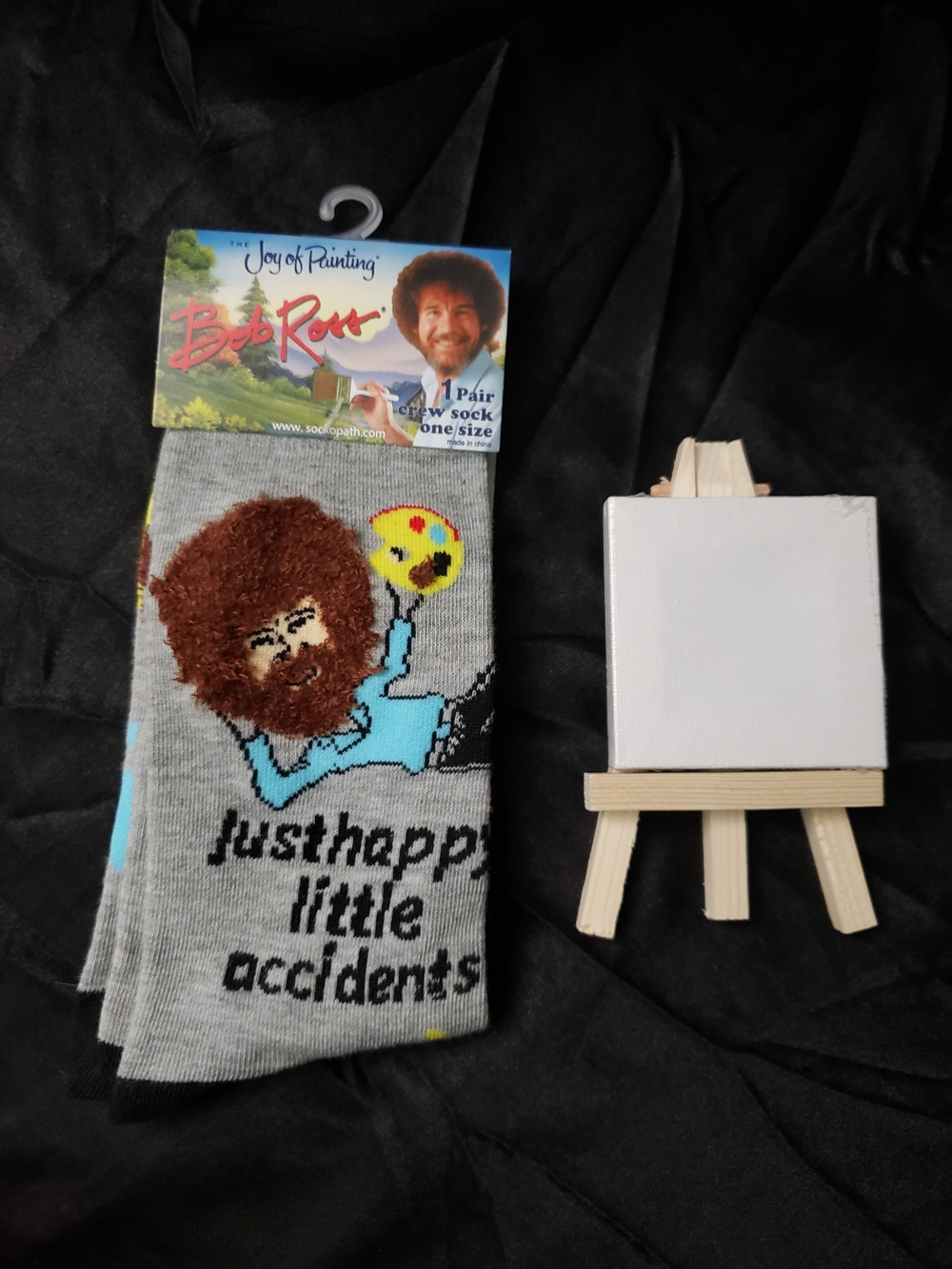 Bob Ross 'Just Happy Little Accidents' Gray Crew Socks With Mini Magnetic Easle